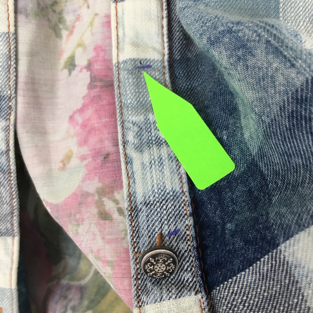 Aratta Silent Journey Plaid Chambray Floral Embroidered Button Down Top Blouse - Picture 8 of 16